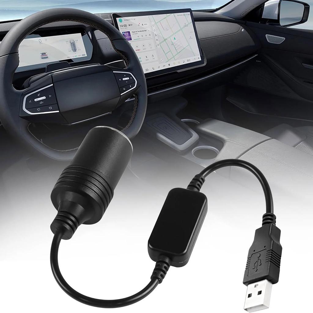 Black Thick Copper Wire 5V To 12V Driving Recorder Power USB To Lighter Adapter Cable