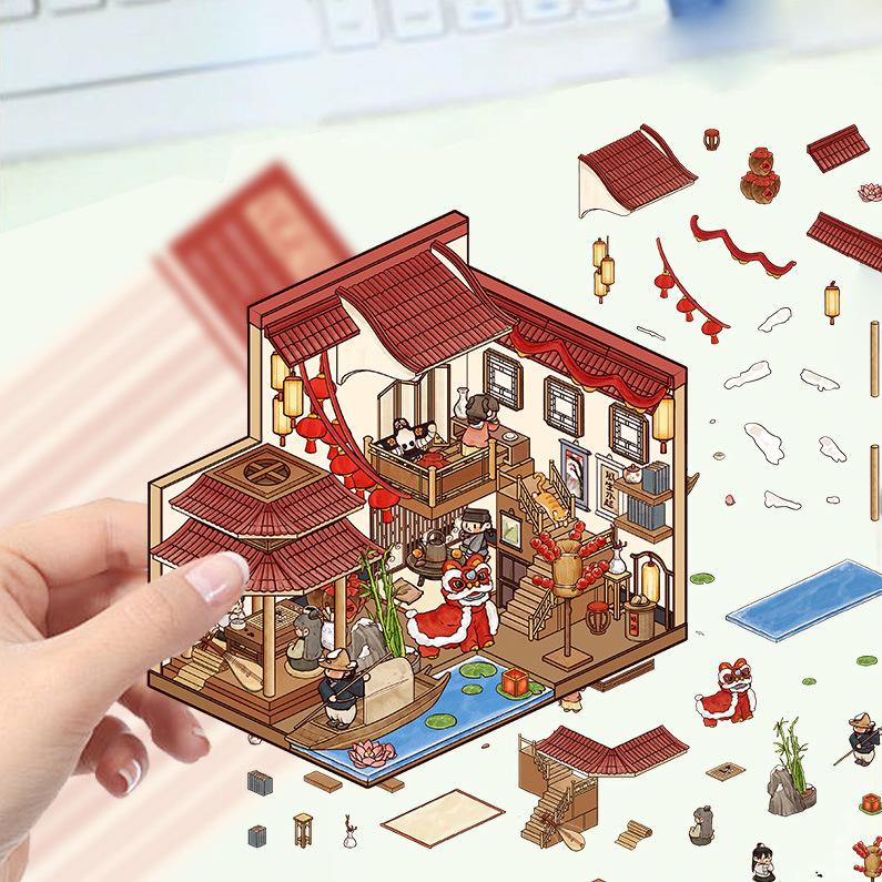 Cartoon Landscape Stickers Multiple Miniature World 3D Hut Unzip DIY Scene Manual Post