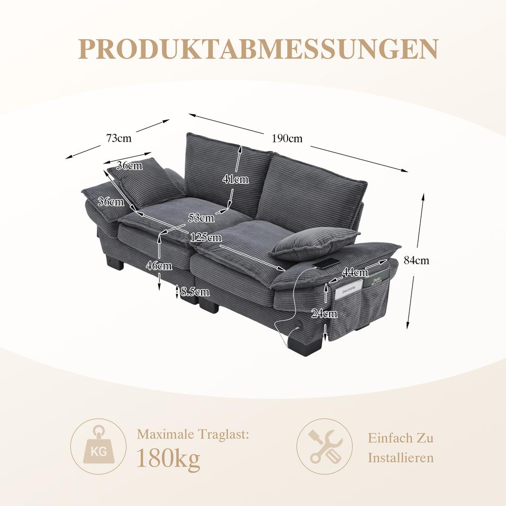 Modular Corduroy Sofa for 2 People with Wide Seat, Ergonomic Design, High-Density Foam Padding, USB-C Port. Ideal for Living Room. Dark Gray