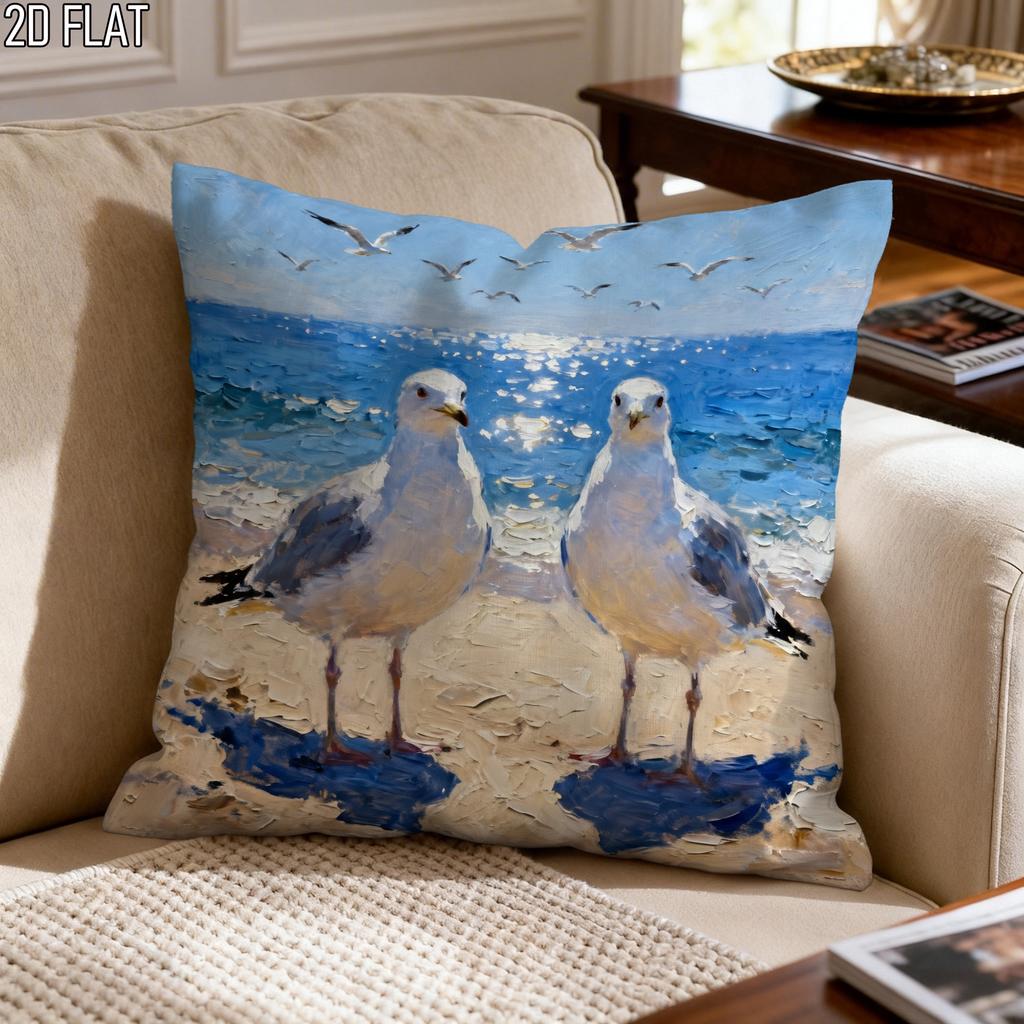 Impressionist Seagull Throw Pillow Cover Coastal Beach Ocean Oil Painting Print Cushion Case For Nautical Home Decor