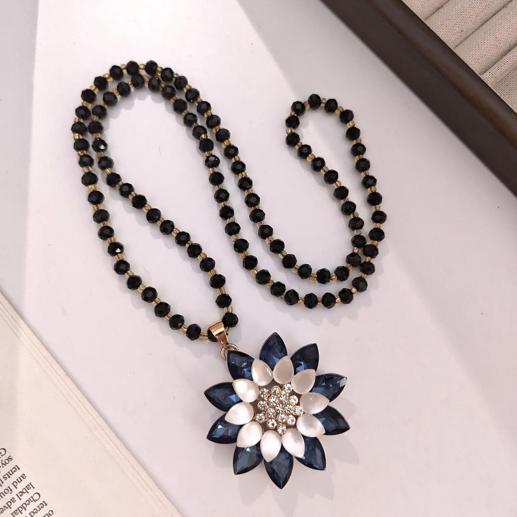 Хрустальный цветок двойная подвеска цепочка для свитера цепочка из черных бусин длинное ожерелье модное в стиле легкой роскоши женские универсальные аксессуары для одежды