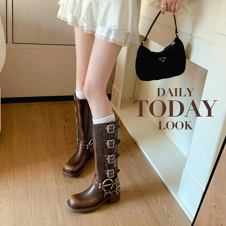 Ботинки на платформе Combat Boots Zip Chuny Heel Buckle Vintage Fashion Casual Luxury Designer Western Mid Calf Boots Shoes Woman