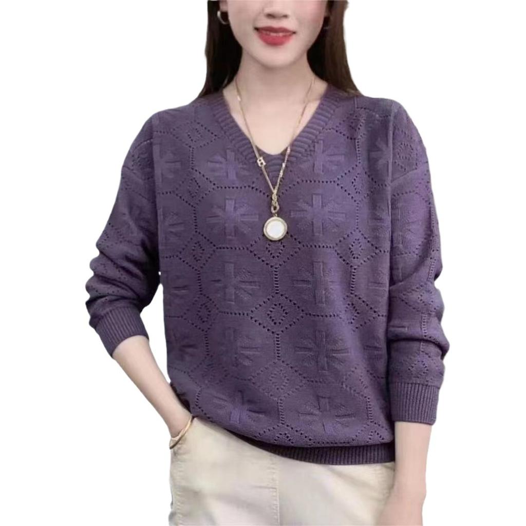 Spring and Autumn New Sweater Knitwear Hollow V-neck Versatile Fashion Loose Bottom T-shirt Small Shirt Women's Casual Solid Color