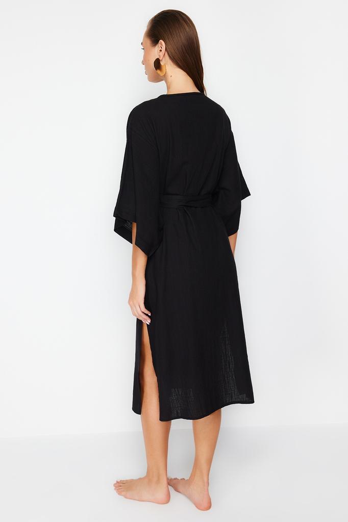 Women's Fashion New Kimono&Kaftan Green Belted Maxi Woven Linen Look KimonoKaftan