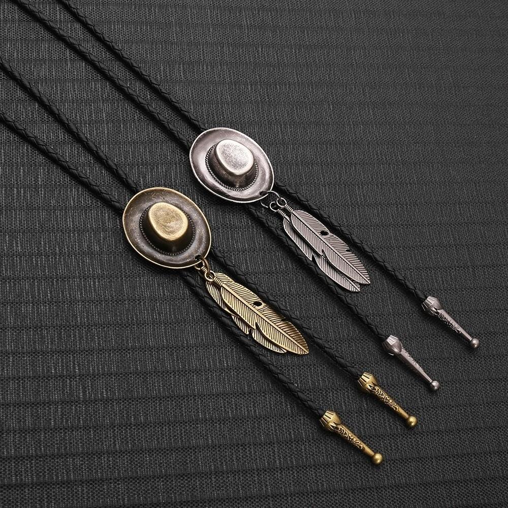 Vintage Long Pendant Chain Unisex Metal Feather Necktie New Western Cowboy Hat Necklace Cosplay