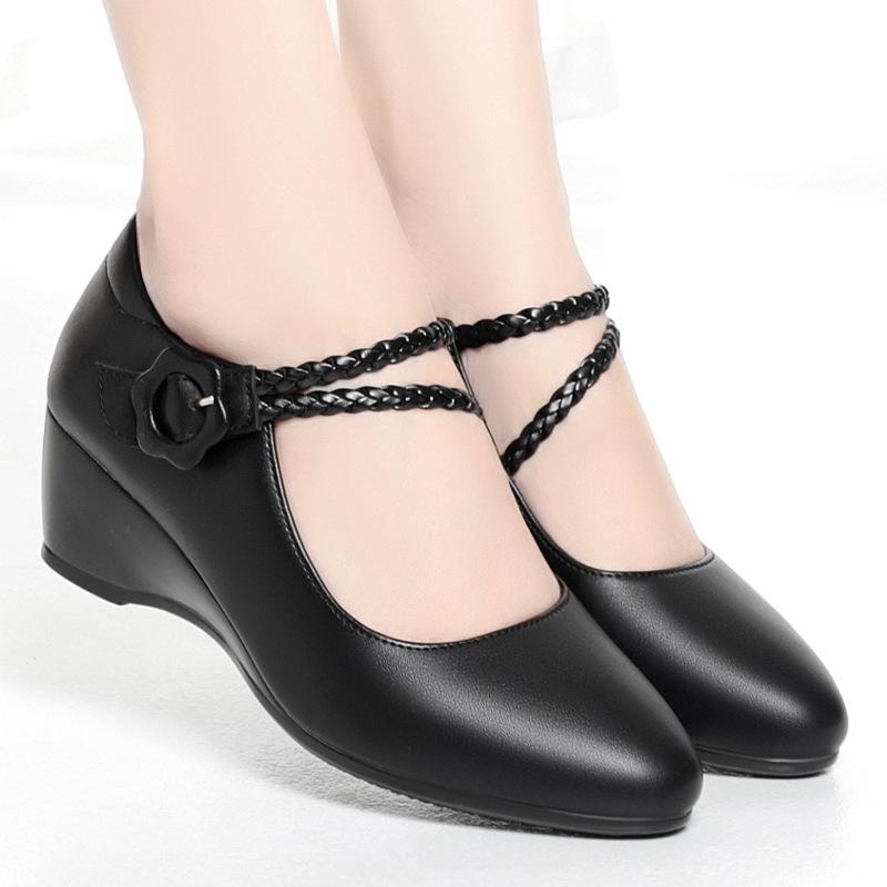 Women's Single Shoes with Buckle, Catwalk Shoes, Wedge Heels, Soft Leather and Soft Sole Shoes, Comfortable Shoes
