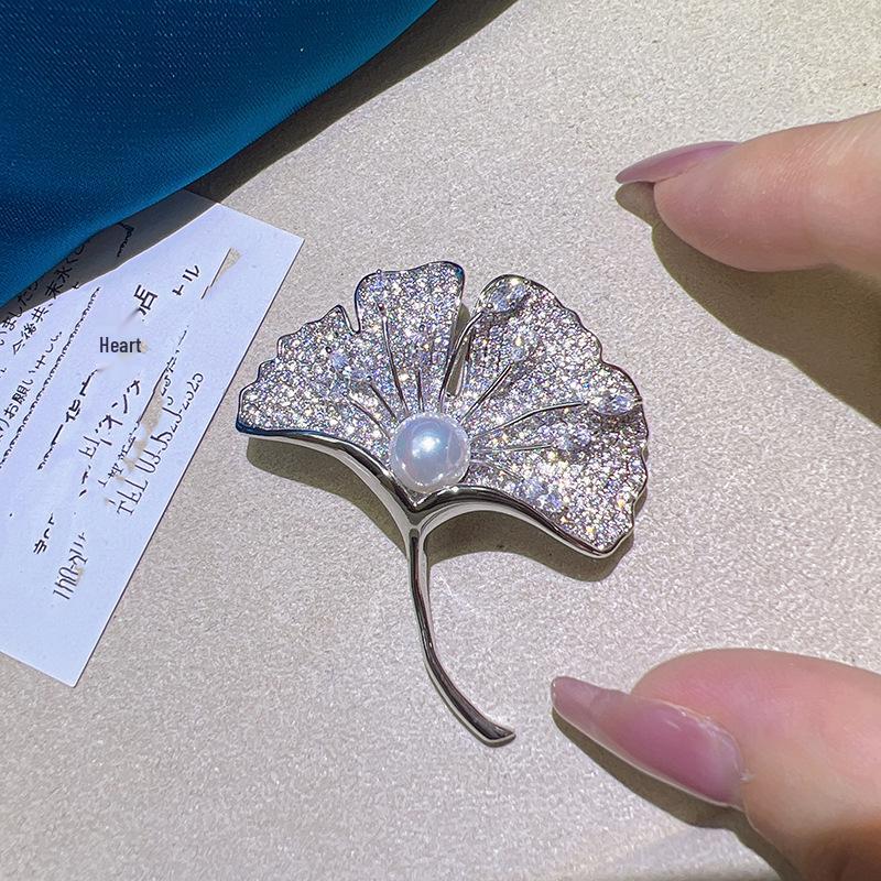 Gold-Plated Ginkgo Leaf Brooch with Zircon & Pearl Corsage Pin