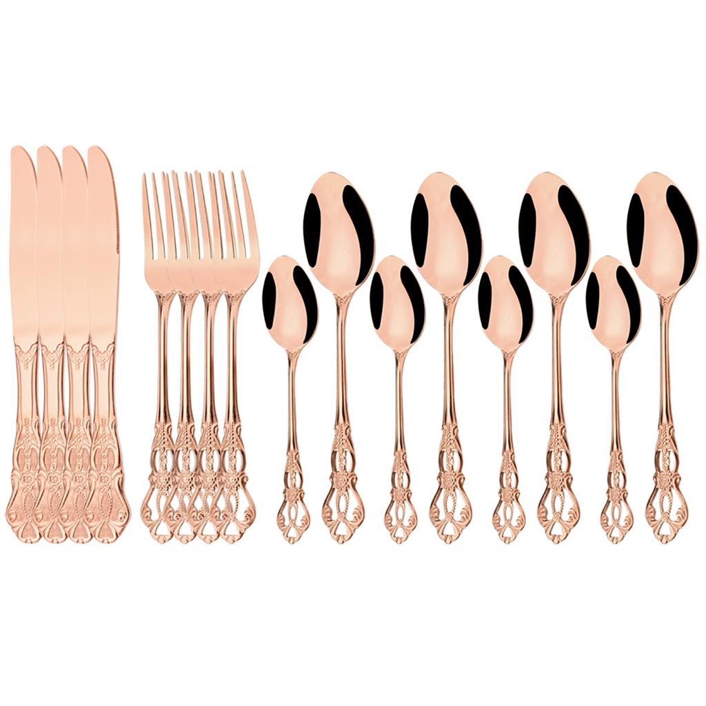 16Pcs Stainless Steel Cutlery Set Vintage Hollow Gold Tableware Knife Fork Tea Ice Spoon Dinnerware Set Wedding Party Silverware