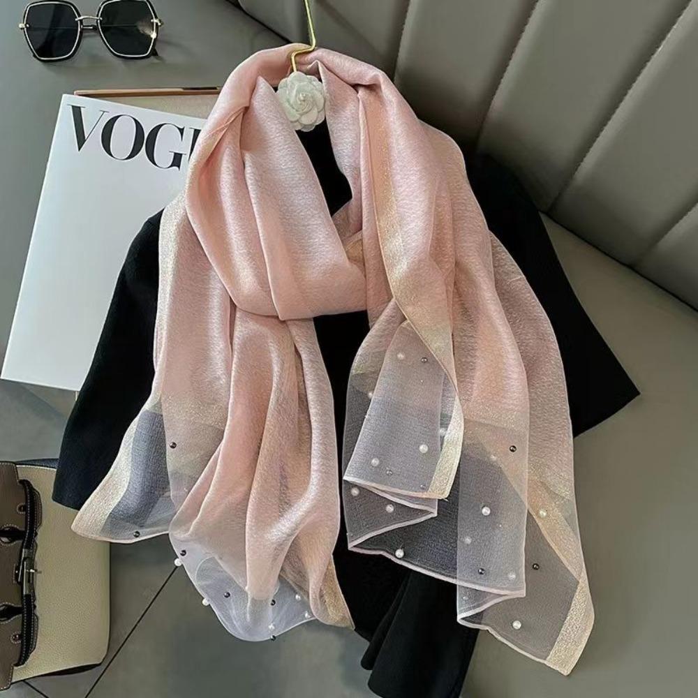 Pearls Silk Scarf Shawls Transparent Mesh Neck Scarves Luxury Ladies/Girls