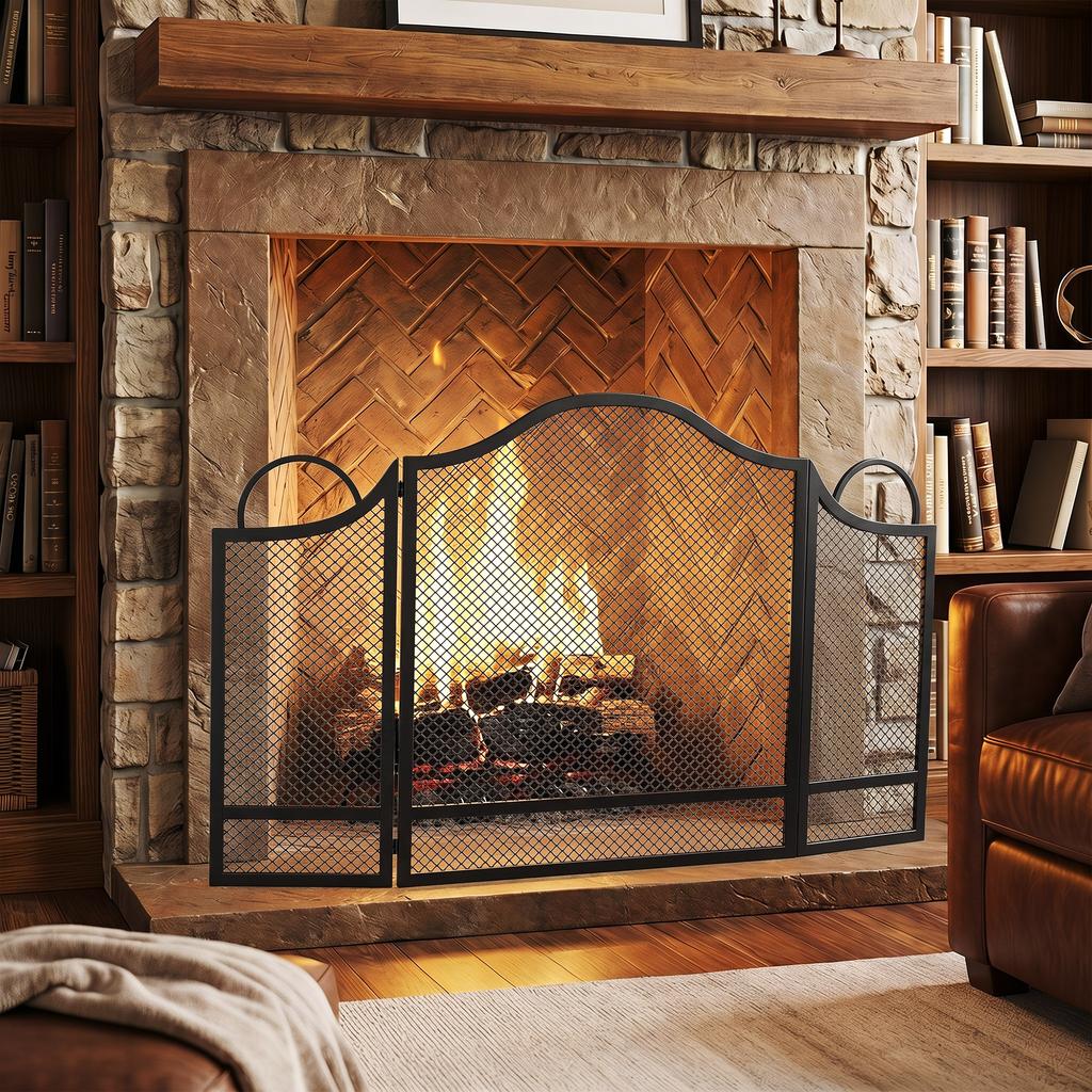 Floral 3-Panel Folding Fireplace Screen 122 x 1 x 74 cm Black