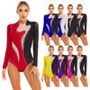 Womens Color Block Gymnastics Leotard Sparkling Rhinestone Sheer Mesh Long Sleeve Bodysuit Dancewear