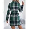 HNXC Повседневное клетчатое шерстяное платье-рубашка с длинным рукавом и шнуровкой для женщин