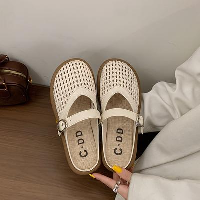 Полые сетчатые дышащие на плоской подошве сумка-голова полушлепанцы женские весенне-летние новые ретро повседневные сандалии Мэри Джейн