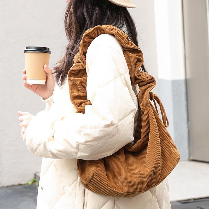 IELGY Japanese Casual Literary Canvas Bag, Retro Corduroy Shoulder Bag, Fashionable Drawstring Messenger Women's Bag