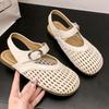 Fashion Round Toe Shallow Mouth Cutout Roman Sandals Women's Summer Mesh Outside Wear Soft Sole Non-slip Woven Flats