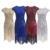 Women Sequin Dress Vintage Prom Party Evening Dress Sleeveless Round Neck Back Zipper Closure Fringed Hem Sheath Slim Fit Lady Dress