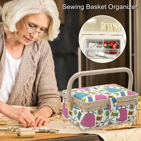 Большая вместительная корзина для шитья, органайзер для швейных принадлежностей с переносной ручкой, нитками, иглами, ножницами, чехлом для швейного набора