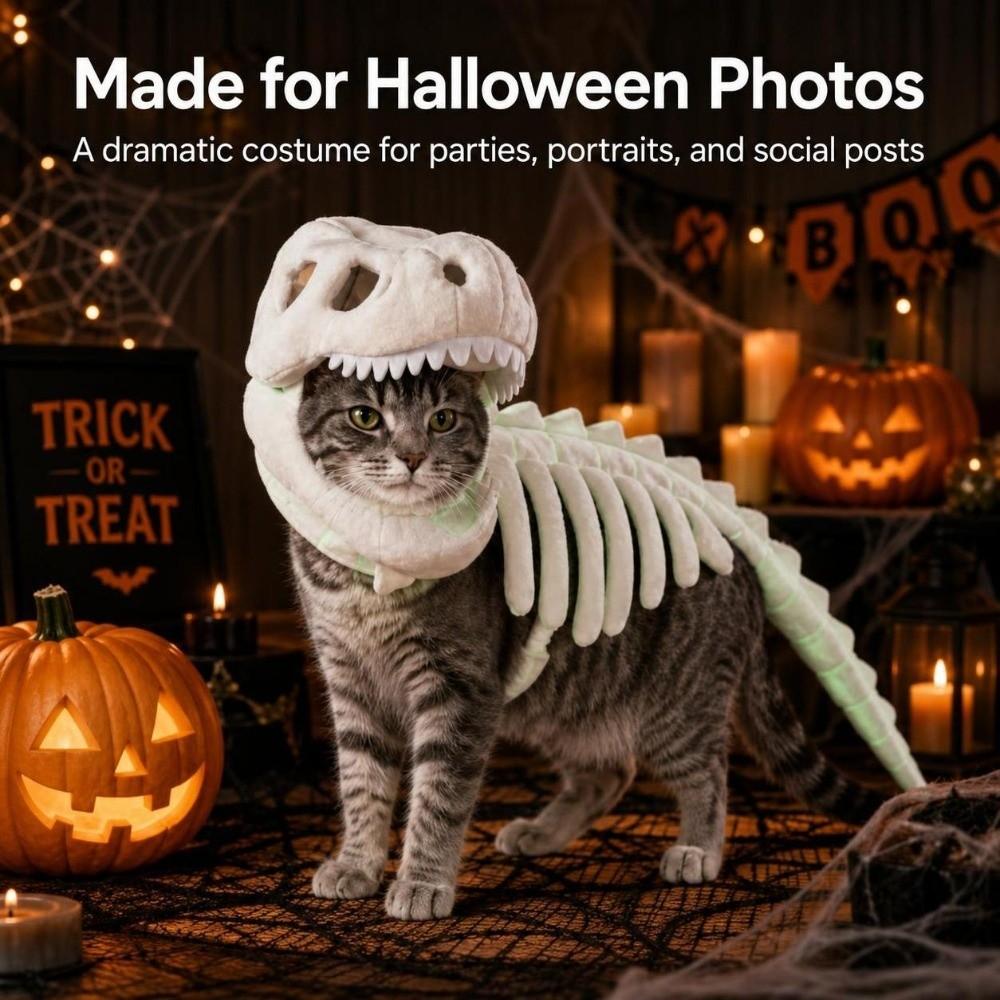 Glow in The Dark Dinosaur Skeleton Pet Costume Luminous Halloween Pet Costume  Halloween Party