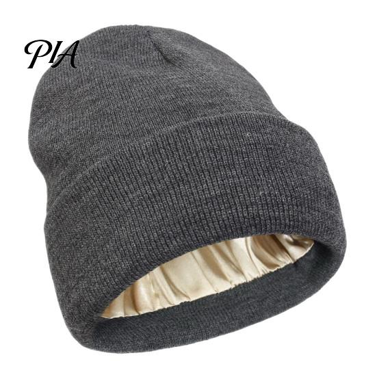 Solid Color Cold Weather Hats Satin Lined Knit Hat for Women, Winter Warm Soft Beanies, Fashion Stretchy Thermal Outdoors Frizz-free Hair Protection,