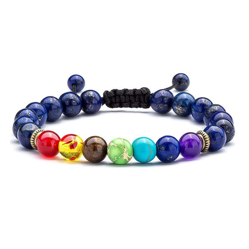 Браслет для йоги из цветного вулканического камня и бирюзы с золотой цепочкой и узором «Семь вен»