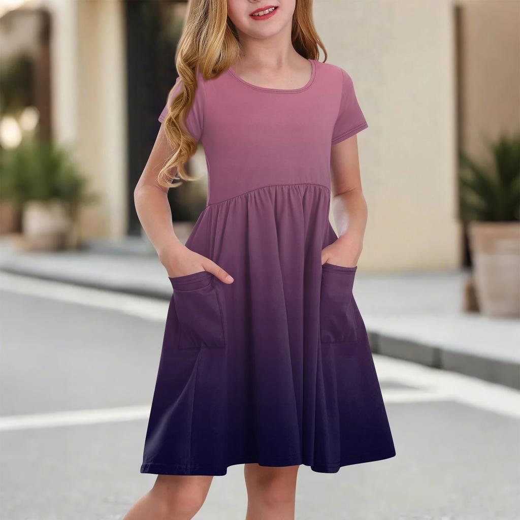 Детская юбка с круглым вырезом и коротким рукавом, платье принцессы, модное повседневное платье с карманами для девочек