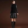 Women's Artificial Leather Skirt High Waist Sexy Lace Stitching A-line Skirt Autumn Winter Sexy Black Pleated Skirt