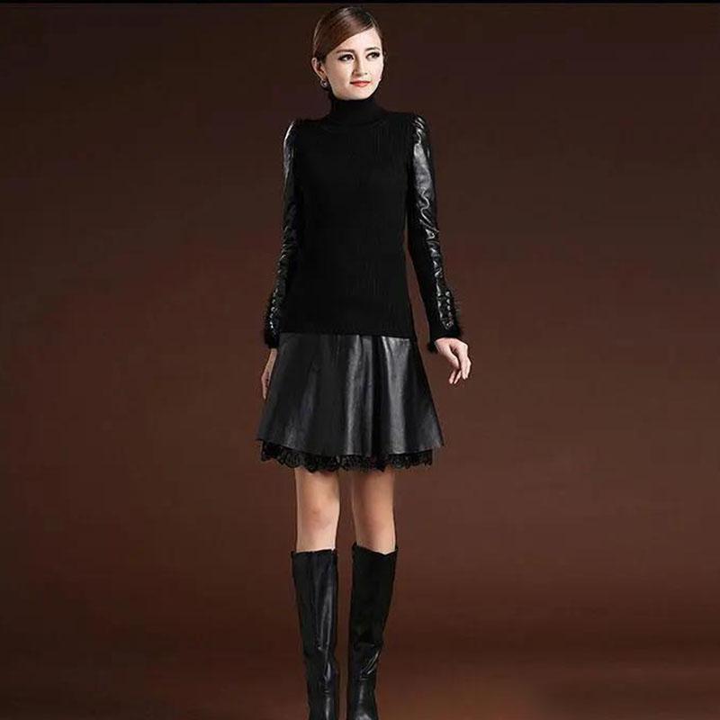 Women's Artificial Leather Skirt High Waist Sexy Lace Stitching A-line Skirt Autumn Winter Sexy Black Pleated Skirt