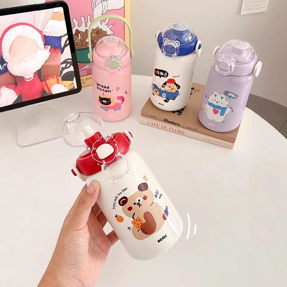 Cartoon Thermal Cup Double Drinking Straw Coffee Cup Portable Insulated Cup For Girls