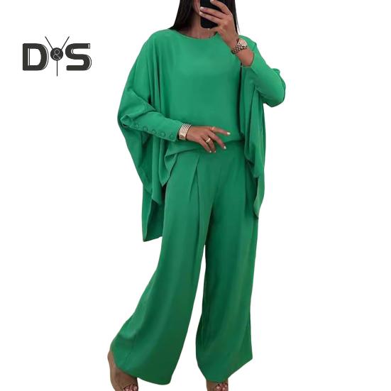 2 шт./комплект женский топ брюки костюм круглый вырез нерегулярный подол рукава летучая мышь однотонная блузка эластичная талия широкие брюки повседневная одежда для поездок на работу