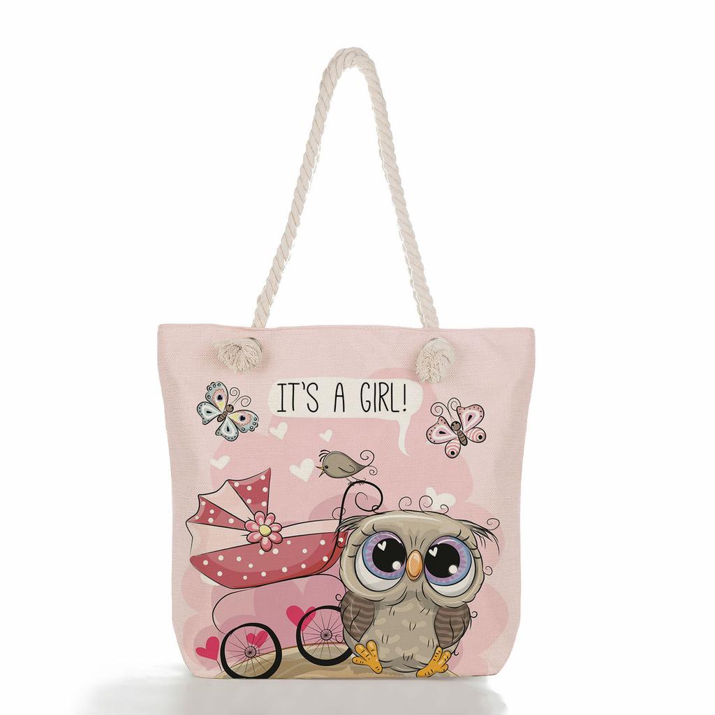 Cute owl print thick rope single-shoulder beach bag 7288 CLE