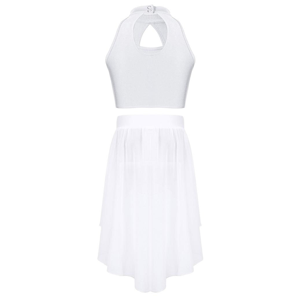 Kids Two Piece Performance Costume Sequin Crop Top Hollow Front Keyhole Back Irregular Chiffon Skirt Dance Outfit Set