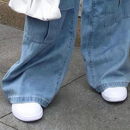 Женские джинсы с высокой посадкой, на пуговицах и молнии, прямые широкие джинсовые брюки с многокарманным дизайном, однотонные джинсовые брюки