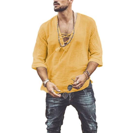 Мужская повседневная хлопково-льняная рубашка с полурукавом, V-образным вырезом и шнуровкой, футболки в богемном винтажном пляжном летнем стиле