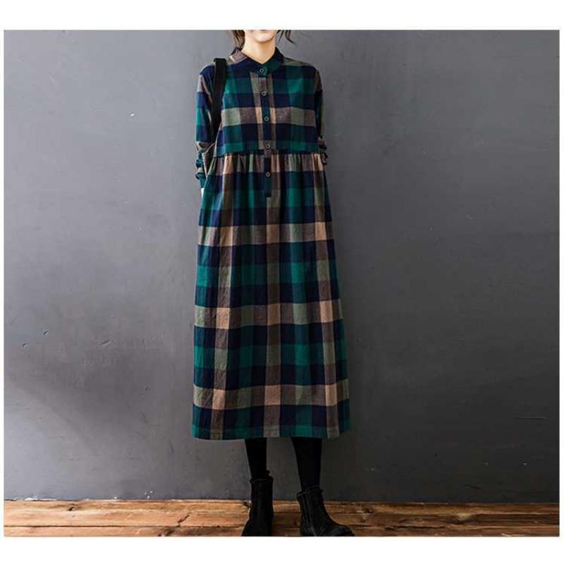 Women's Loose Spliced Cotton Linen Long Sleeved Dress