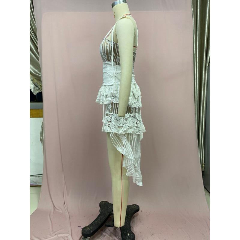 Женские летние прозрачные кружевные платья с бретелькой на одной пуговице нестандартной формы