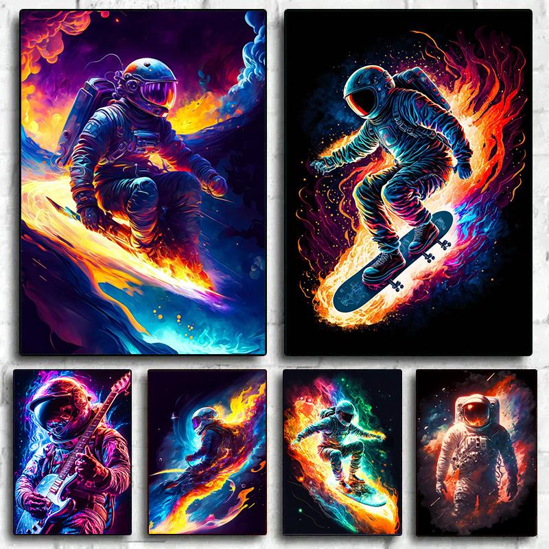 Colorful Space Astronaut Skating Play Guitar Canvas Painting Poster Print Abstract Wall Art For Living Room Home Decor Cuadros