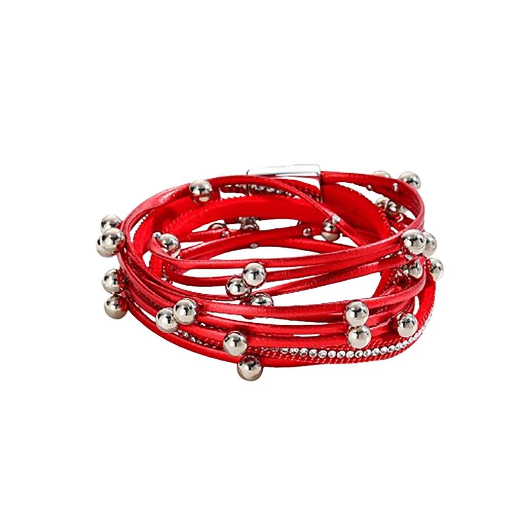 Двухкруговой кожаный браслет с бусинами, многослойный кожаный браслет, модный женский браслет с магнитной застежкой и бриллиантами, ювелирные изделия