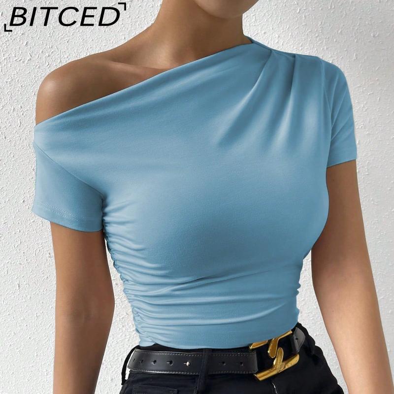 BITCED Женская приталенная футболка с коротким рукавом, плиссировкой и асимметричным подолом, весна/лето