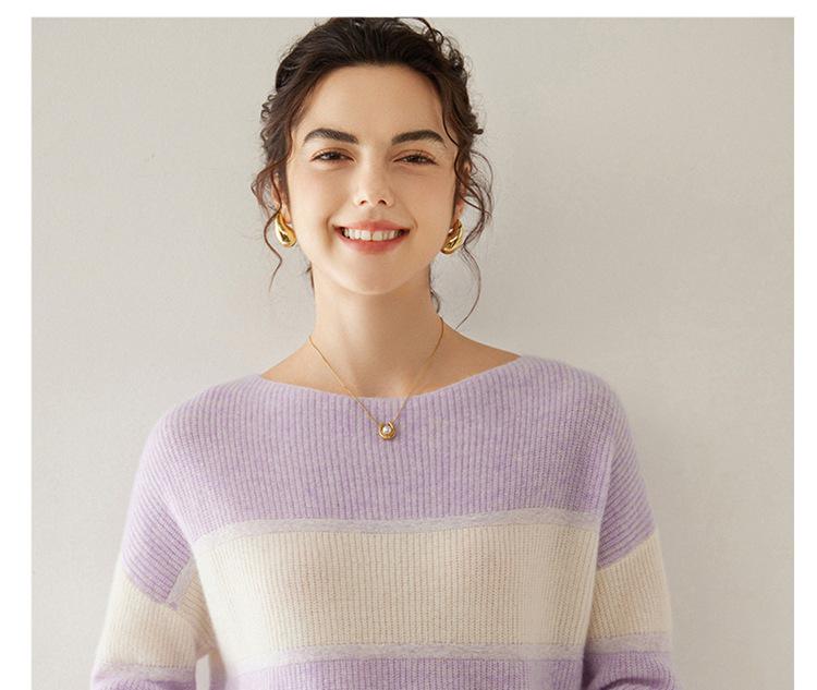 Women's Off-Shoulder Striped Cashmere Sweater - Long Sleeve Knit Pullover