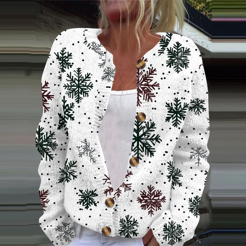 Women's Fashion Christmas Printed Long Sleeve Knitted Cardigan Button Down Jacket