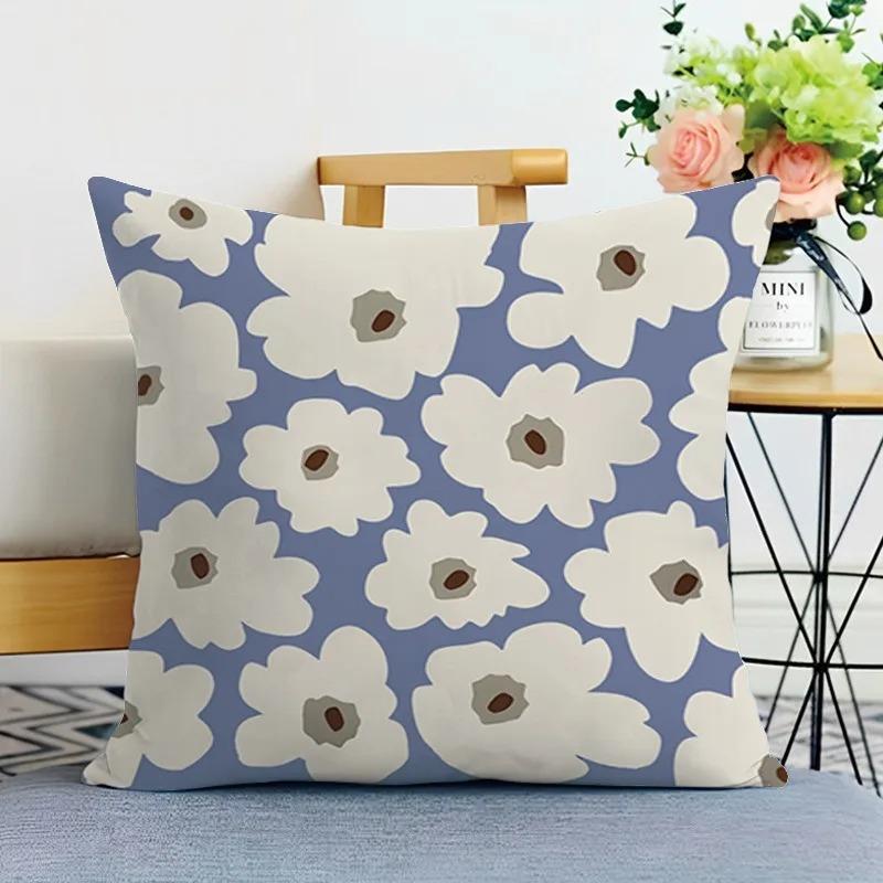 Nordic Blue White Floral Cushion Cover 2D Flat Printed Peach Skin Pillowcase Modern Minimalist Throw Pillow Case For Sofa Decor
