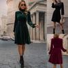 Spring Women Velvet Dress Long Puff Sleeve High Waist A-Line Knee-Length Solid Color Stand Collar Casual Dresses