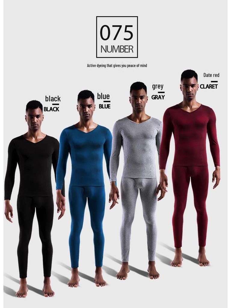 Комплект мужского хлопкового термобелья для молодежи – тонкий, облегающий, с V-образным вырезом, низким воротником, осенняя рубашка и брюки.
