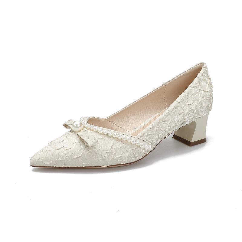 Корейская версия бант жемчужная цепочка средний каблук женские туфли сказочный стиль темперамент высокие каблуки острый толстый каблук темперамент одиночные туфли женские