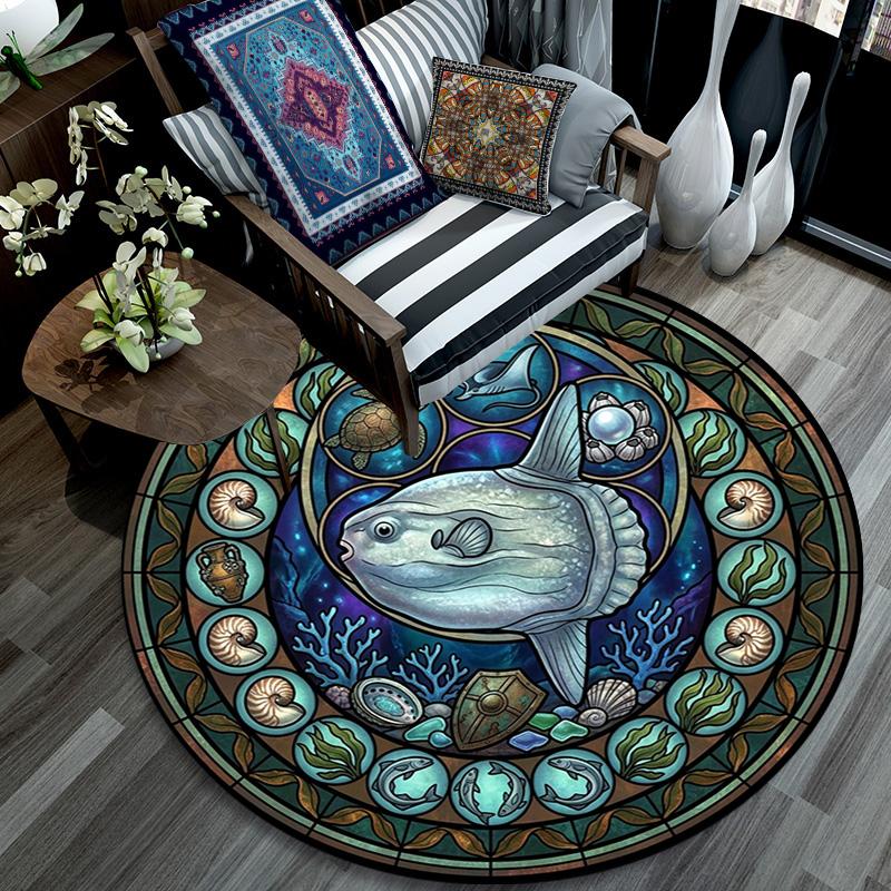 Ocean Life Glass Round Area Rug Under Office Chairs Bedroom Living Room Home Decor