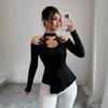 European American 2025 Autumn Winter New Hollow Off-shoulder Applique Pleated Curved Hem Slim Versatile Top