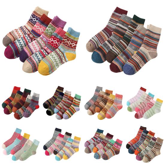 5 Pairs Winter Warm Crew Socks for Women Thick Mid-Calf Knitted Socks Retro Ethnic Style Socks for Christmas Gifts