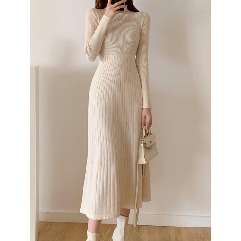 Осень-зима 2023, тонкое вечернее платье миди с длинными рукавами для женщин, вязаное элегантное вязаное платье-свитер с полувысоким воротником, женские платья
