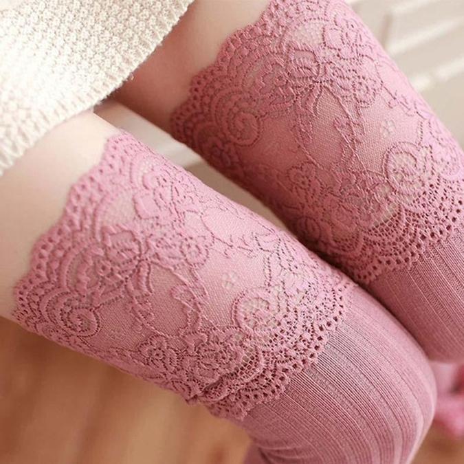 Women Knitting Lace Cotton Over Knee Thigh Stockings High Socks Pantyhose Tights