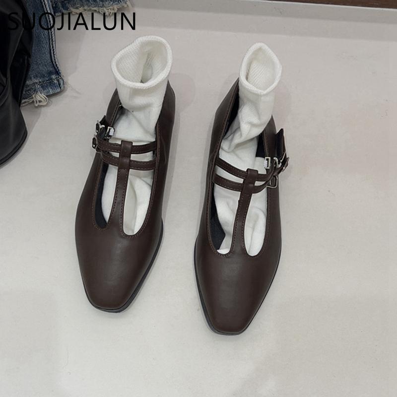 Fashion SUOJIALUN Spring New Women Flat Shoes Fashion Round Toe Shallow Slip On Ladies Mary Jane Shoes Flat Heel Outdoor Dress Ballerina
